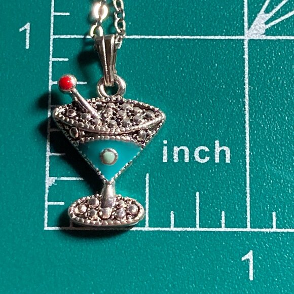 Martini Cocktail Drink Cup Glass Charm Necklace Pendant Aqua Enamel 18" Chain - Picture 8 of 9